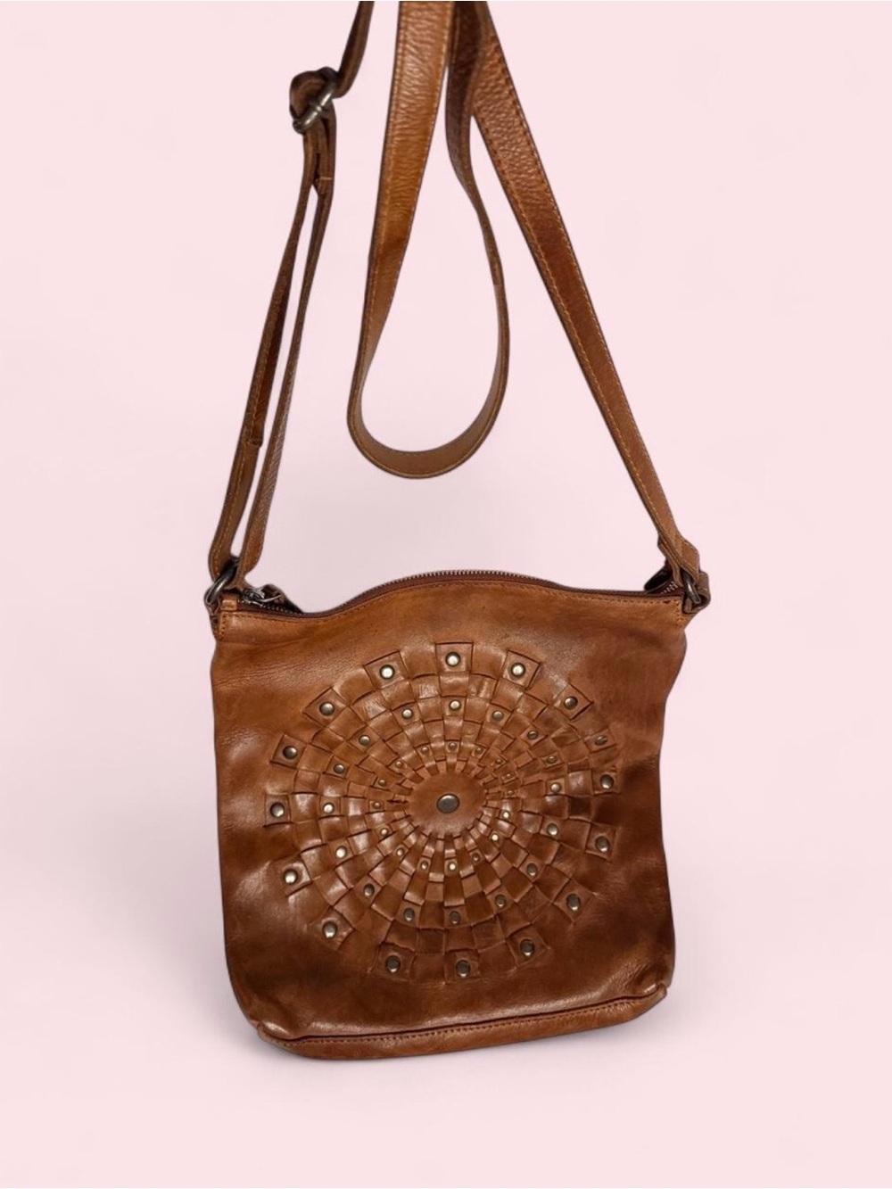 VILENCA Holland Brown Leather Crossbody Bag with Studded Woven Medallion Design